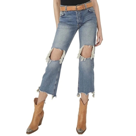 Free People Denim - Free People We The Free Jeans Maggie Mid Rise Straight Leg Ripped Frayed Size 28